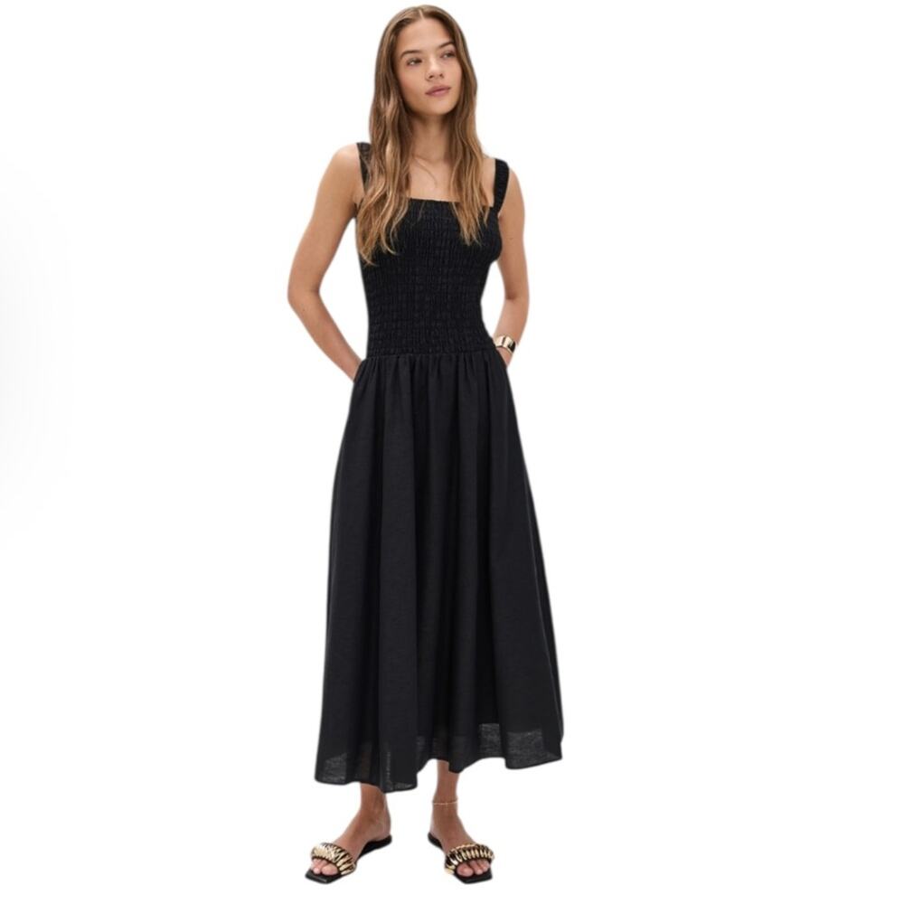 LE BOP Anastasia Smocked Dress linen blend black sz 2